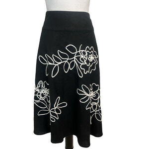 Tweed Skirt size 10 Black Linen White Floral Embroidery Knee A Line Wedding Slim